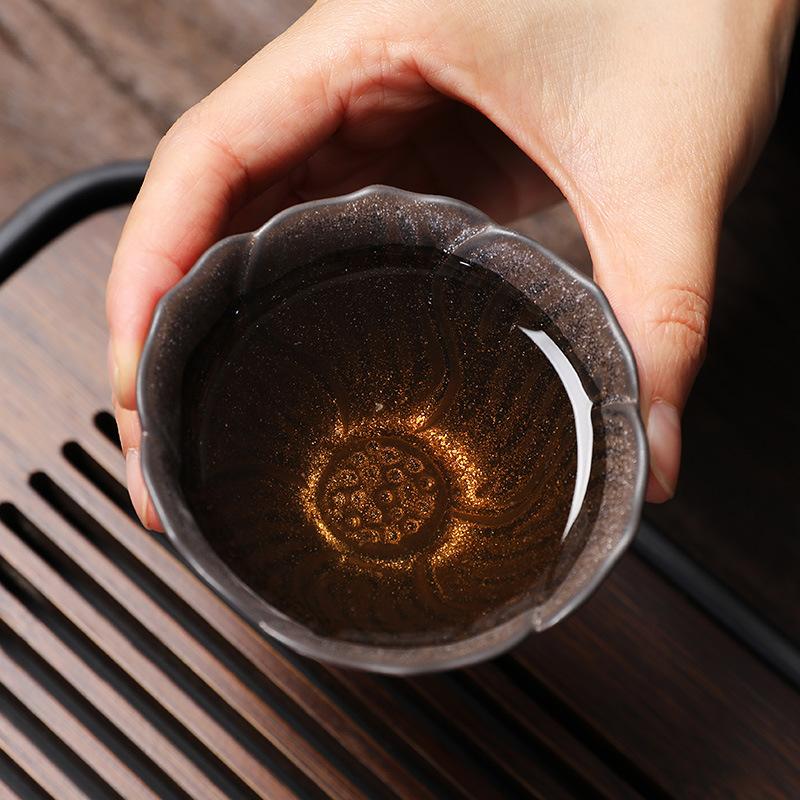 Ceramic Tea Cup, Kung Fu Tea Set Tea Cup, Master Cup, Wood-fired Bucket Hat Cup, Black Pottery Flower Cup, Single Cup, Light Luxury Retro