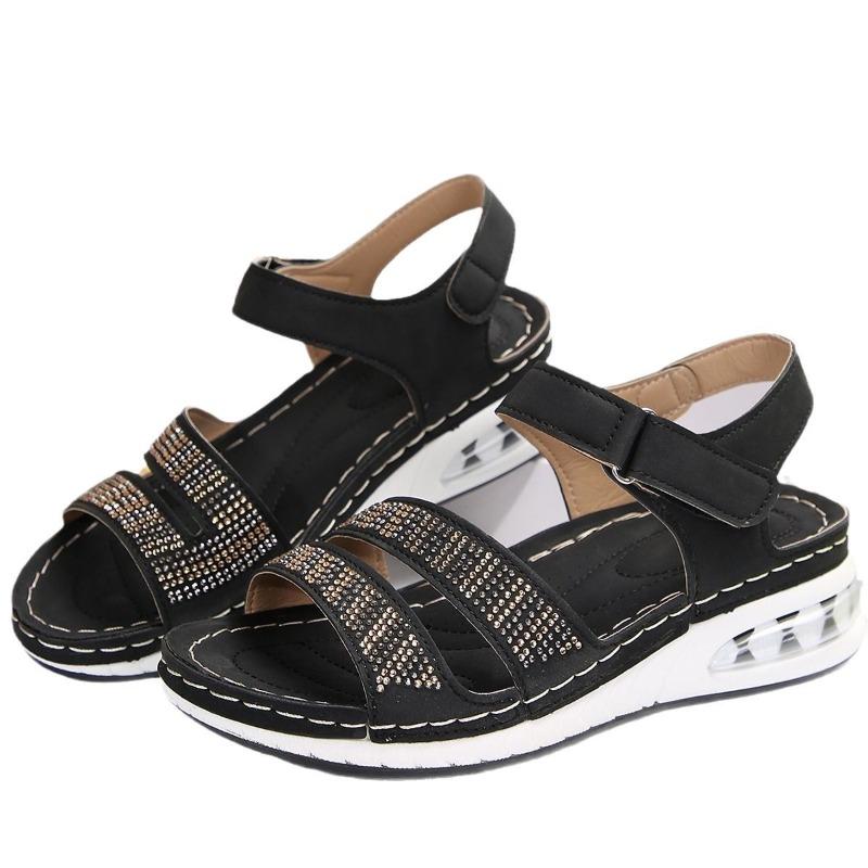 New thick-soled wedge heel large size one-word with sequined rhinestone thick-soled air cushion sandals women