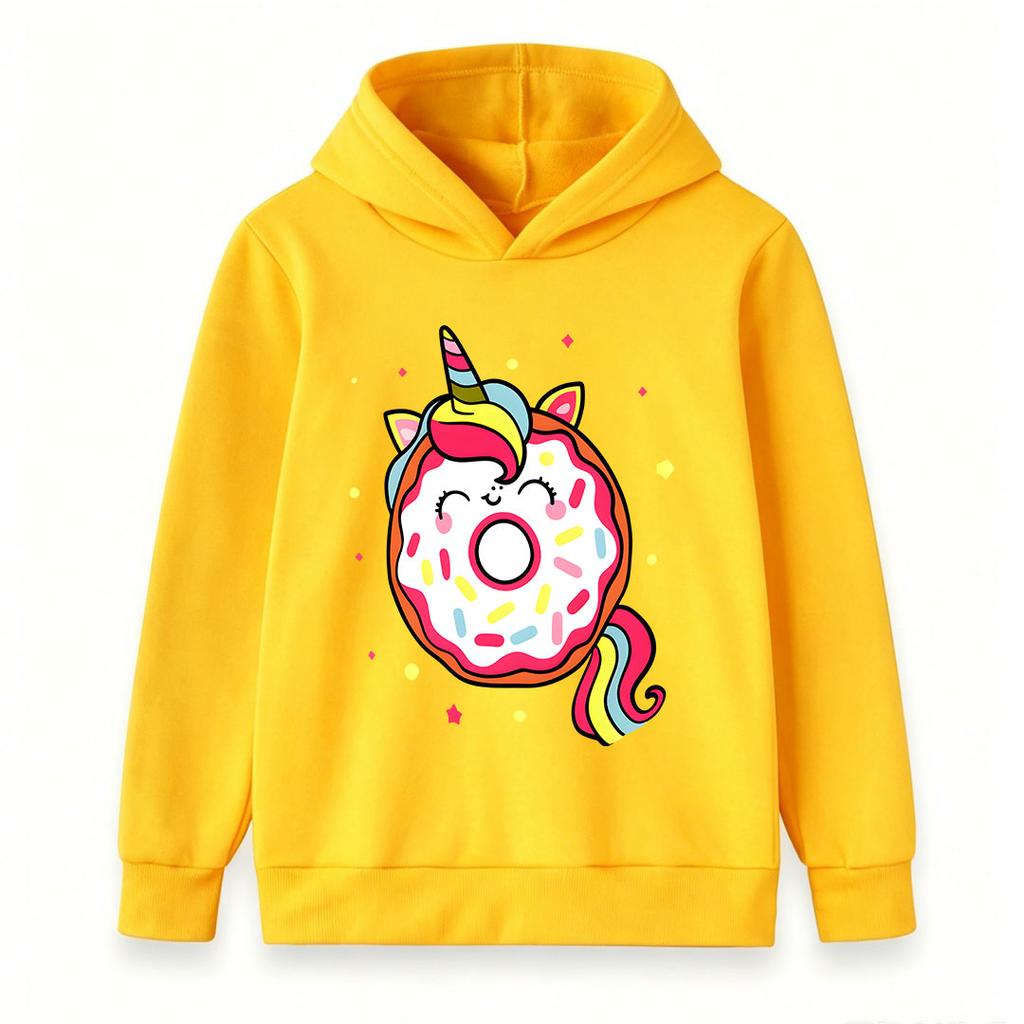 Kids Boys Girls Cute Unicorn Donut Print Pullover Hoodie Casual Long Sleeve Sweatshirt with Rainbow Sprinkles Cartoon Design for Children Daily Wear P