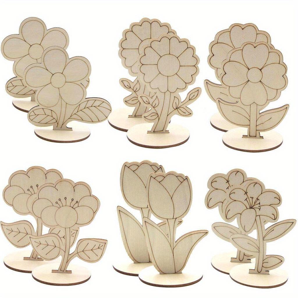 6pcs/set Wooden Ornaments Featuring Roses Lilies Sunflowers Painting Crafts Spring Home Decor Easter Party Table Decorations
