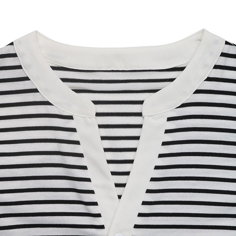 Baifenzhiyi 2026 Women's Striped Patchwork V-neck Puff Sleeve Casual T-shirt