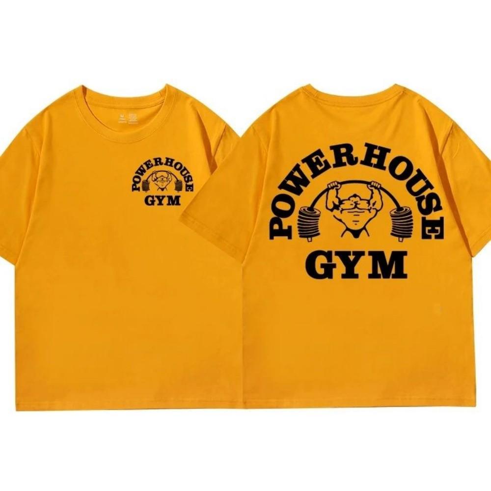 Powerhouse Gym Pattern T-shirt Men's Fun Breathable Round Neck T-shirt Outdoor Leisure Geek Fitness Retro Top