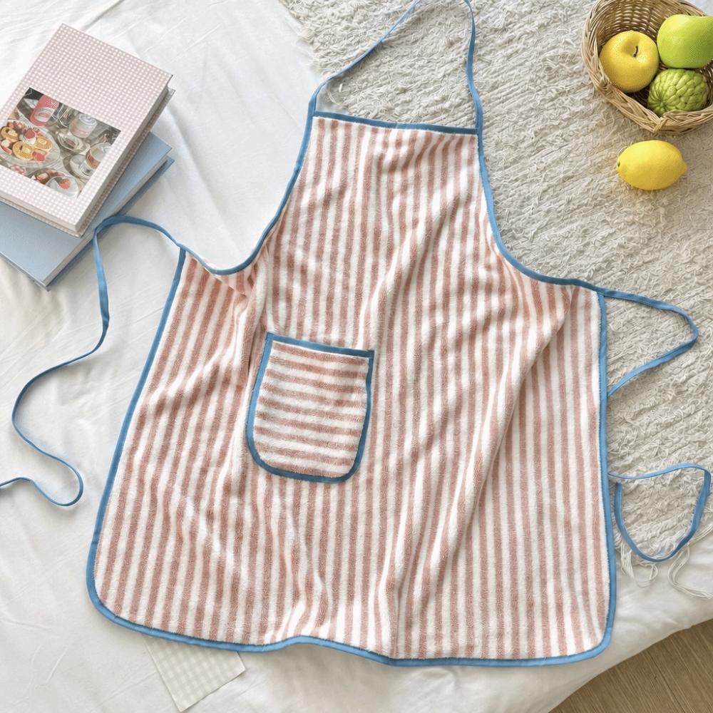 Simple Fashion Stripe Apron with Pocket Soft Korean Style Apron Adjustable Coral Fleece Apron Milk Tea Shop розовый