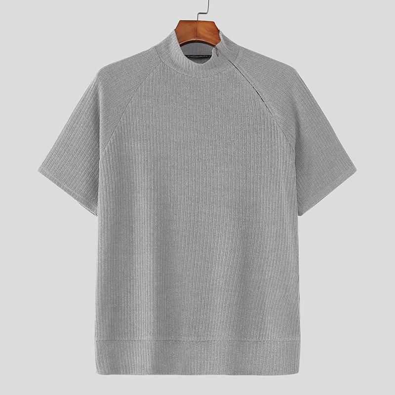 INCERUN Men High Neck Short Sleeve Casual Rib Fitted Tops T-shirts
