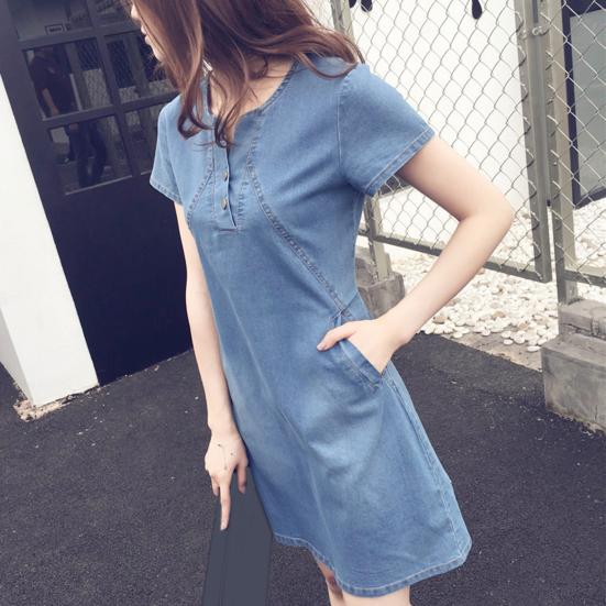 Casual Dress O-neck Short Sleeve Stitching Stylish Women Summer Denim Dress for Daily Wear