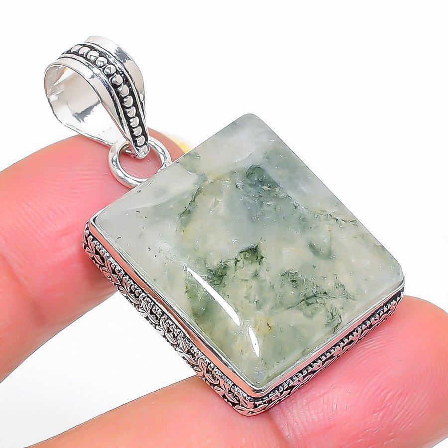 Prehnite Gemstone Handmade 925 Sterling Silver Jewelry Pendant 1.58" SU-11429