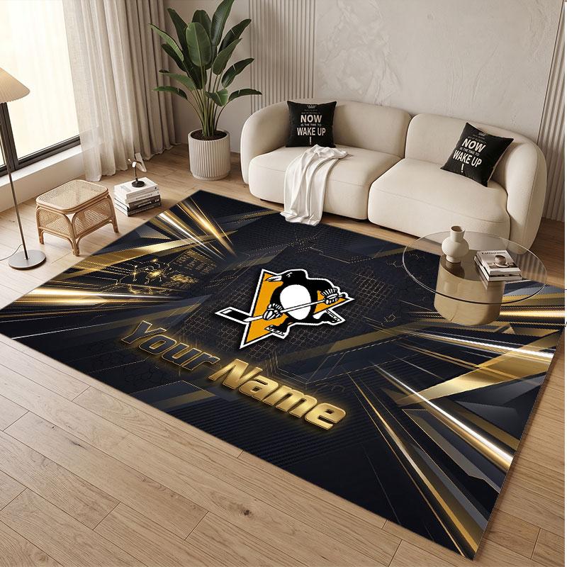 Custom Rug Pittsburgh Penguins Pattern Print Name Text Soft Non‑Slip Floor Carpet for Home Indoor Decoration