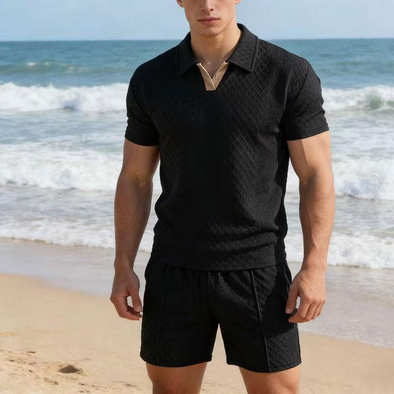 

Men Knit Polo Shirt And Shorts Set Diamond Pattern V Neck Casual Two Piece Outfit S чёрный