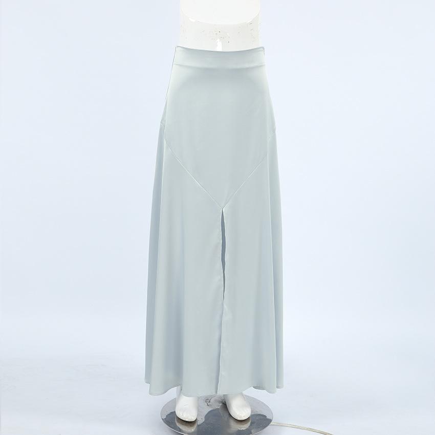 Elegant Grey Satin Skirts For Women Fashion Mid Waisted Slit Solid Skirts Casual New Loose Ankle-Length Skirt Streetwear