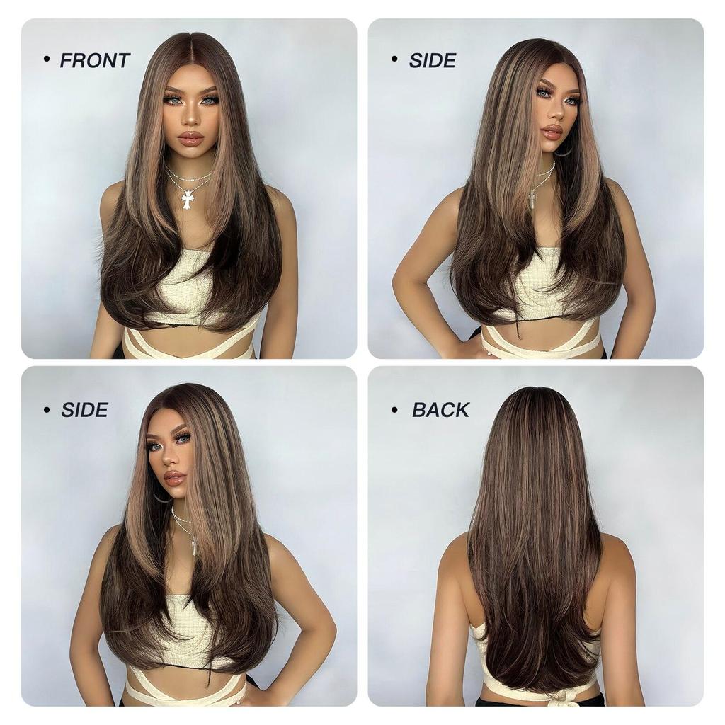 EASIHAIR Dlouhé hnědé smíšené syntetické paruky pro ženy střední pěšinka rovné cosplay paruky paruka z přírodních vlasů paruka z vláken odolných vůči teplu