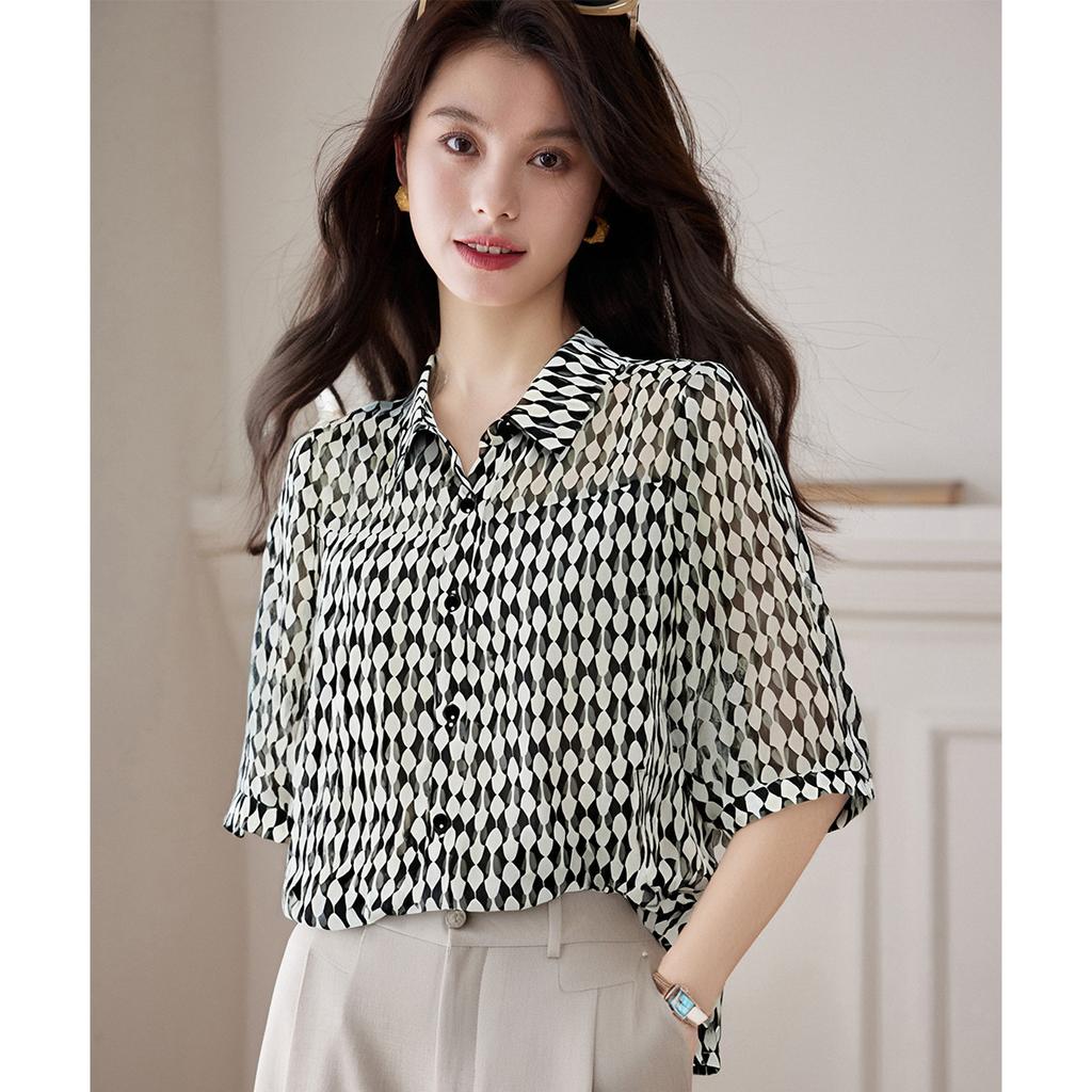 Luxury Loose Commuting 26 Year Summer Women's Shirt Top Women's Chiffon Shirt T-shirt Short Sleeved T-shirt