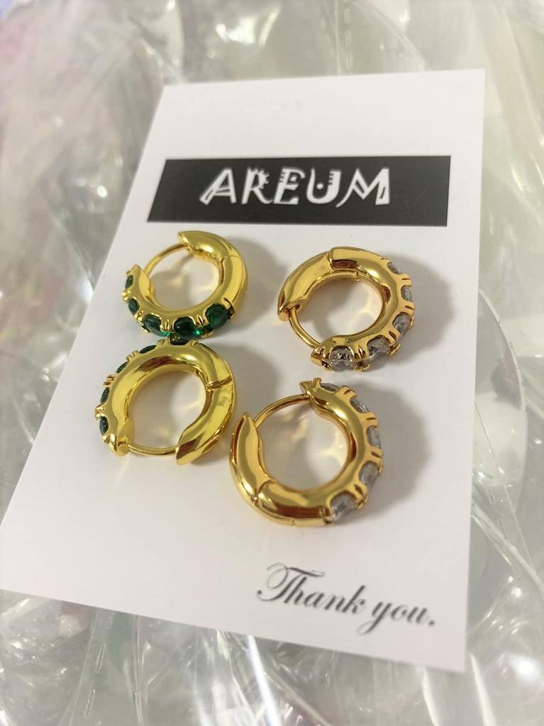 AREUM Earrings and Rings, Jimin Motif, Set of 2, Gold and Green, One-Touch Earrings (Gold and Clear)