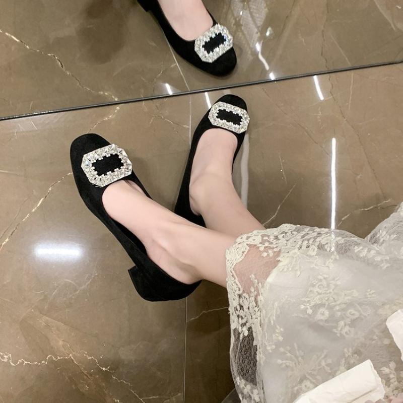 French Thick Heel Single Shoes Women's New Black Elegant Rhinestone High Heels Women's Low Cut New Shoes