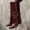 Women's Long Boots Fashion High Heels Pointed Toe Designer Knee High Leather Shoes Metal Belt Buckle 2026 Women Mujer Botas
