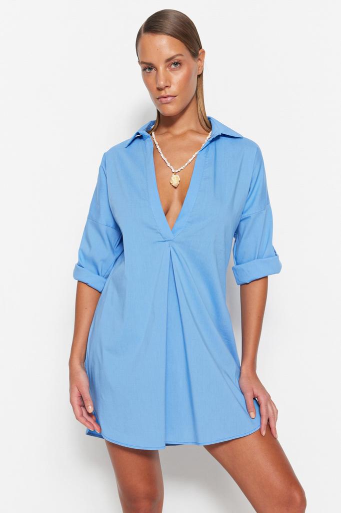 Women's Dress New Season Fashion Blue Mini Woven 100% Cotton Beach Dress