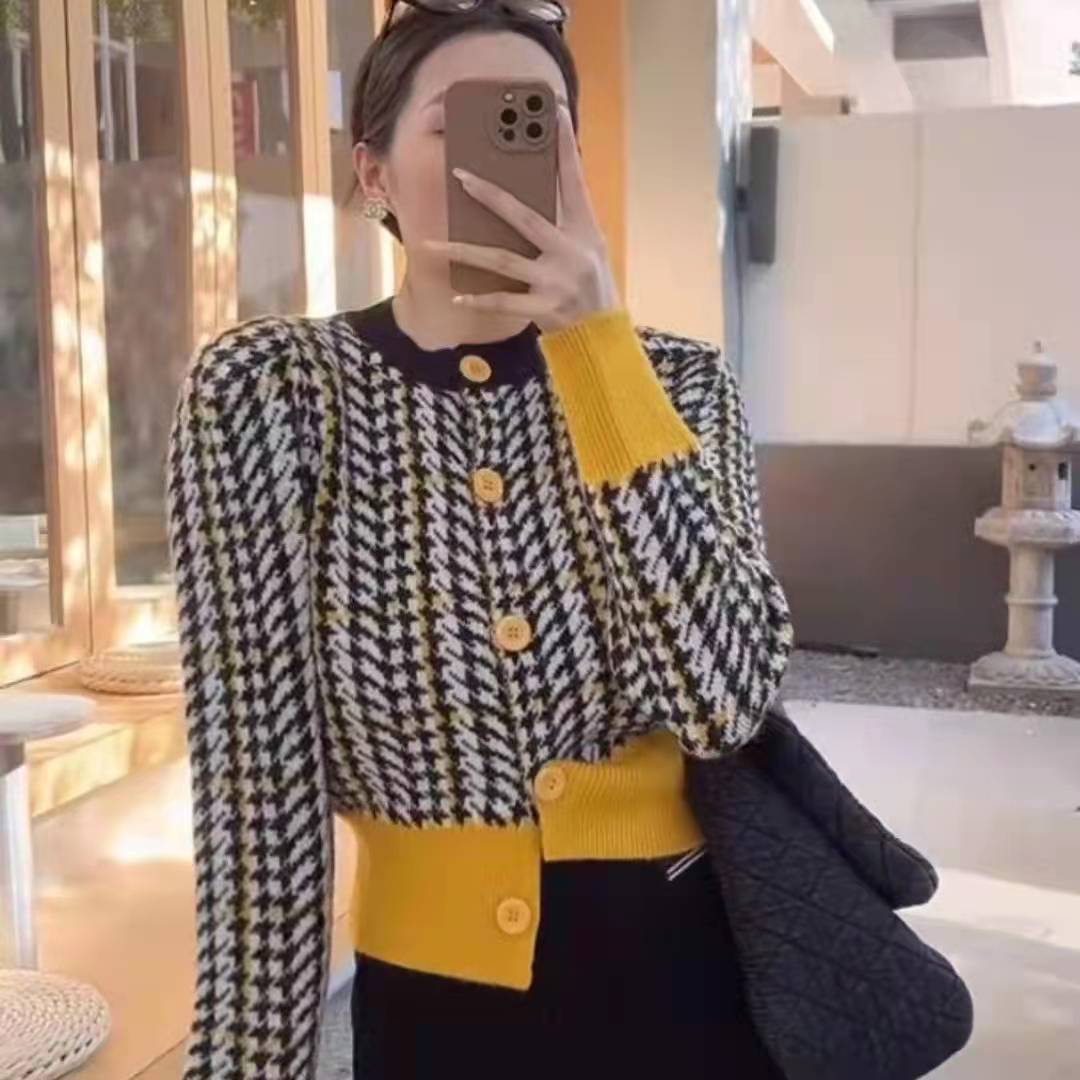 

Укороченное пальто-свитер в гусиную лапку, женское, осенне-зимнее, в винтажном шике, приталенное, уникальный вязаный кардиган, топ 2XL жёлтый