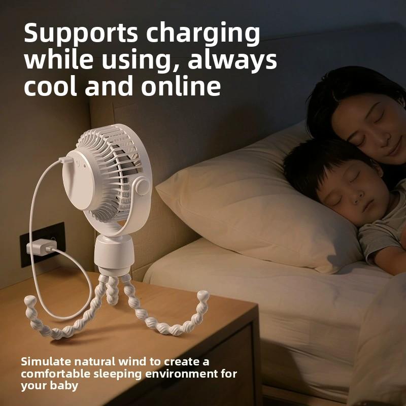 Ventilador portátil de mano para cochecito de bebé, recargable, silencioso y flexible