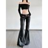 H Home European and American Women's Clothing Cool Dark American Split Low Waist Sexy Leather Pants Fashionable Slim Fit Black Bootcut Trousers