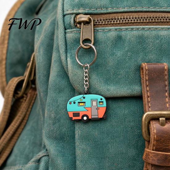 Camping Keychain Cartoon RV Shape Keychain, Contrasting Color Keyring Accessories for Travel Trailers, Enameled Metal Retro Car Trailer
