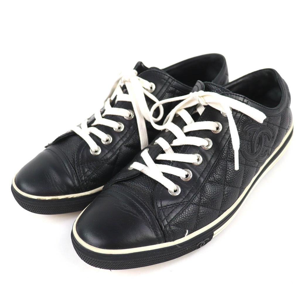 Great CHANEL Low cut sneakers COCO Mark Matelasse Quilting Caviar skin 38 G26563 Used