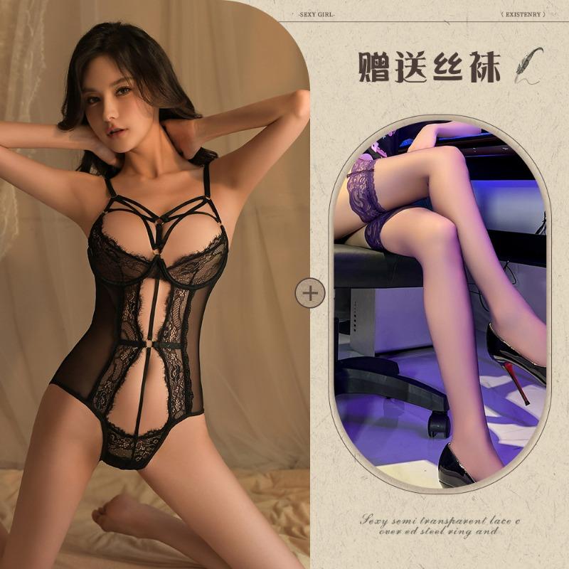 Night listening incense lingerie sexy lace temptation steel ring gathering onesie women's hot hollow open uniform