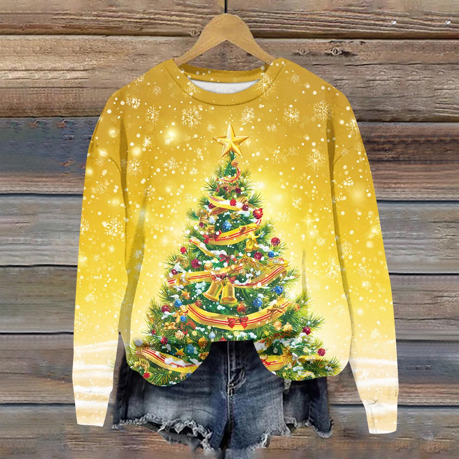 

Женская толстовка с рождественским принтом, с длинным рукавом и круглым вырезом, свободный топ XL жёлтый