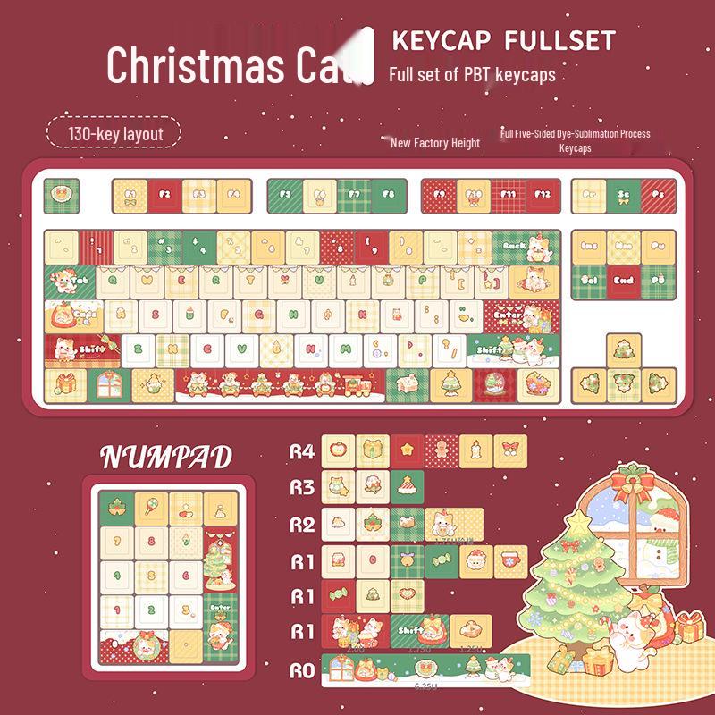 

Christmas Cute Cat Keycaps, High-Quality PBT, Five-Sided Dye-Sublimation, Compatible with 60-108 Key Mechanical Keyboards.