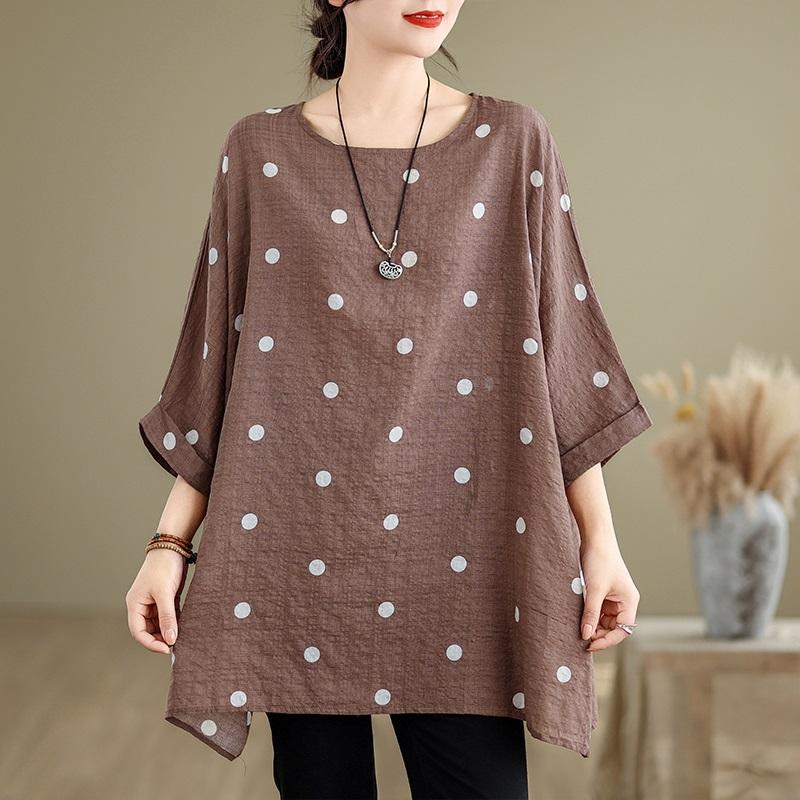 Short Sleeve Plus Size Cotton Vintage Polka Dot Casual Loose Long Tops Women Summer T-shirt