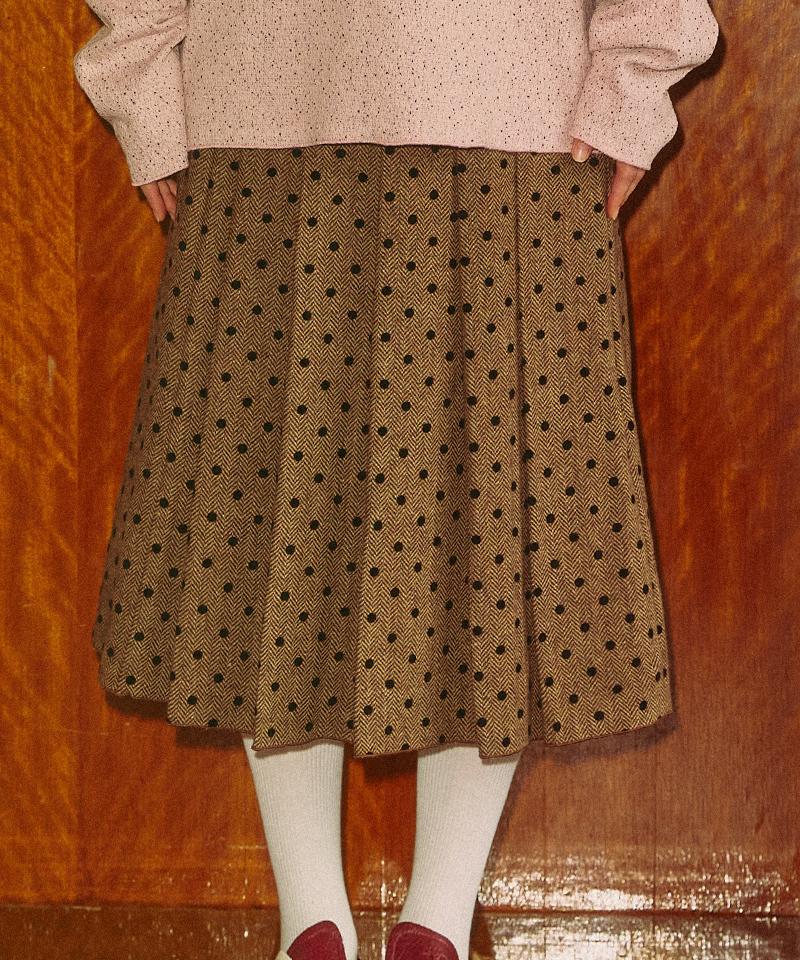 Cookies Wool Dot Herringbone Pleated Skirt (Brown)
