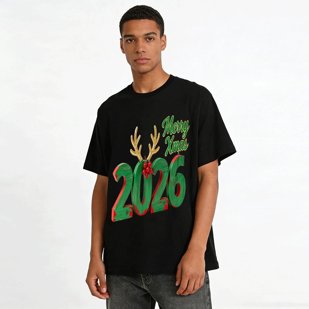 2026 Christmas Themed Distressed Number Antler Print Casual Top Pure cotton T-shirt