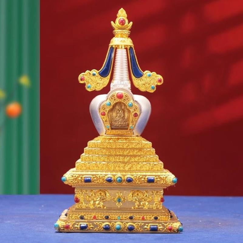Tibetan Stupa Tantric Removable Pearl Inlaid Gem Buddhist Statue Golden Alloy Handicraft Altars Indoor Home Desktop Decorative