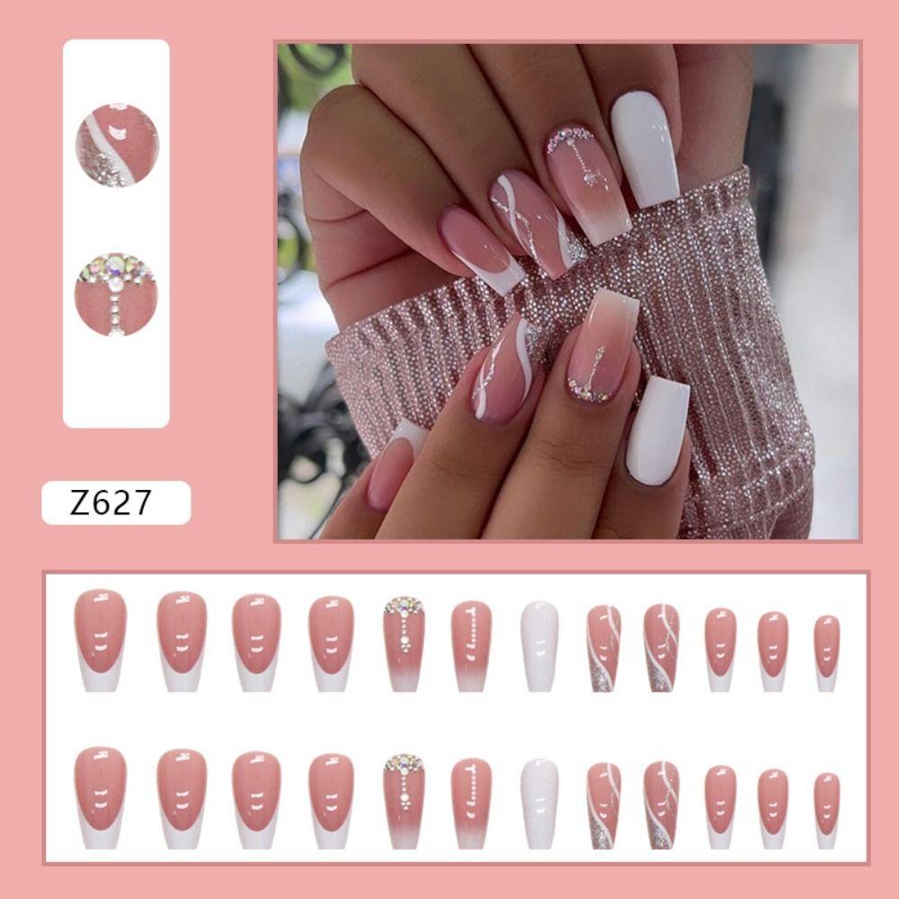 24pcs Detachable Full Cover Press On Nails Green Edge Fake Nails Ballerina Camellia Long French