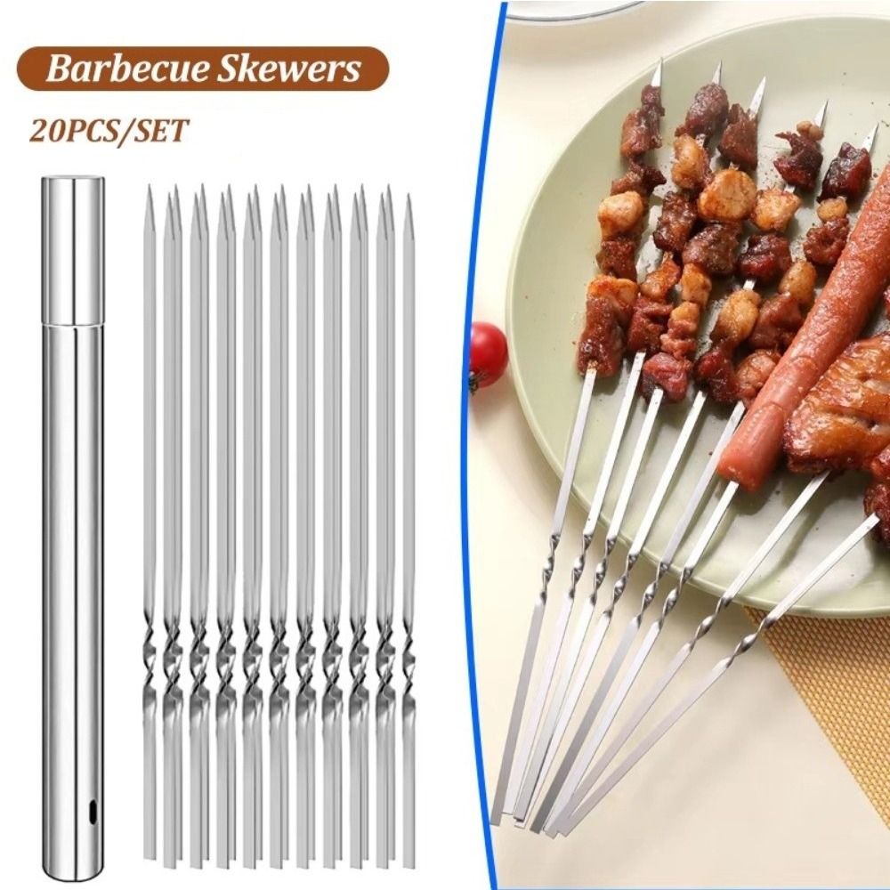 20Pcs Long Flat Kabob Skewer Stainless Steel Grilling Roast Stick BBQ Needle Stick  Outdoor Picnic