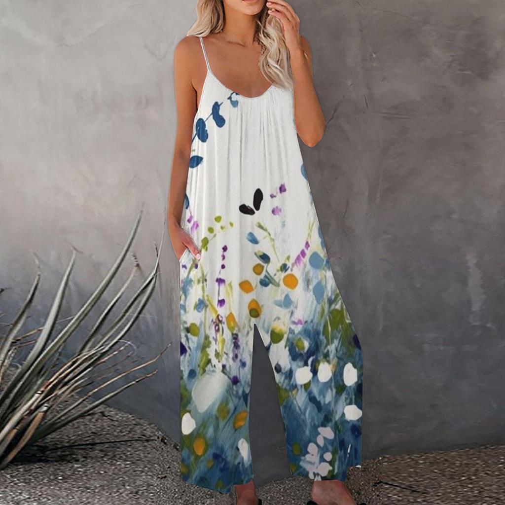 Women's Printed Jumpsuit Casual Loose Adjustable Suspender Jumpsuit