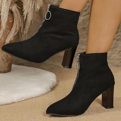 Stivaletti con Decorazione Zip in Flanella da Donna Punta a Punta Tacco Alto Stivali Moderni Donna Autunno Taglia Larga Comfort Plateau Stivali Casual