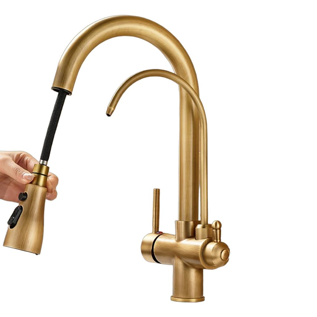 Antique Brass Pull-out Kitchen Faucet Water Purifier Sink Faucet 360° Rotate Hot Cold Drinking Water Filter Kitchen Mixer Taps