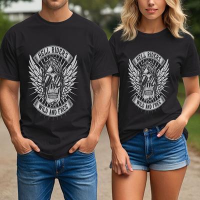 Hell Riders Dödskalle Biker T-shirt | Bevingad WildandFree Motorcykel Grafisk T-shirt Unisex