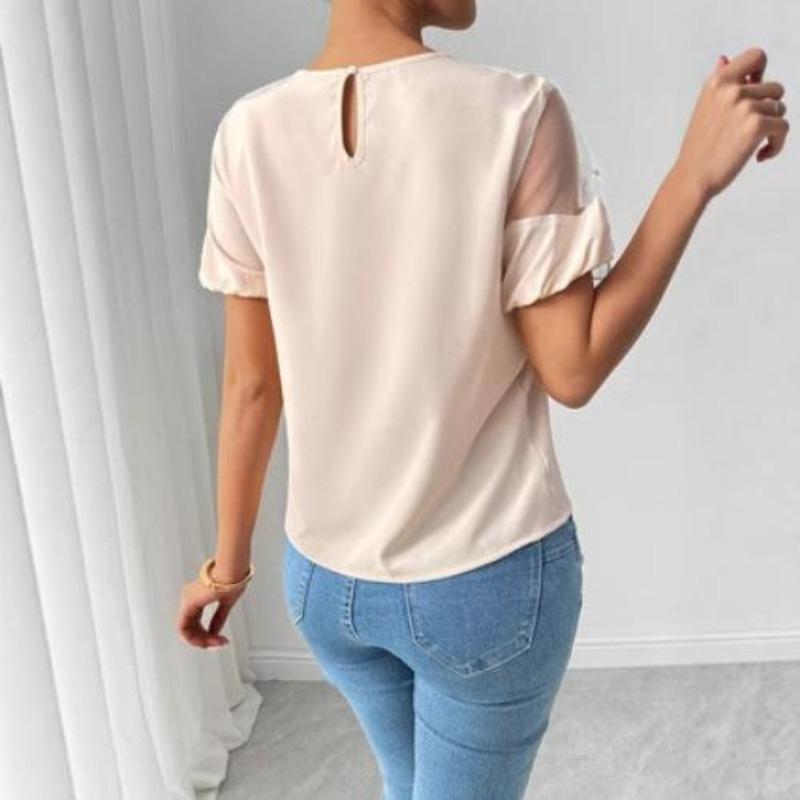 The New Women's Fashionable and Elegant Short-sleeved Shirt with Mesh Fabric Patchwork for Ladies