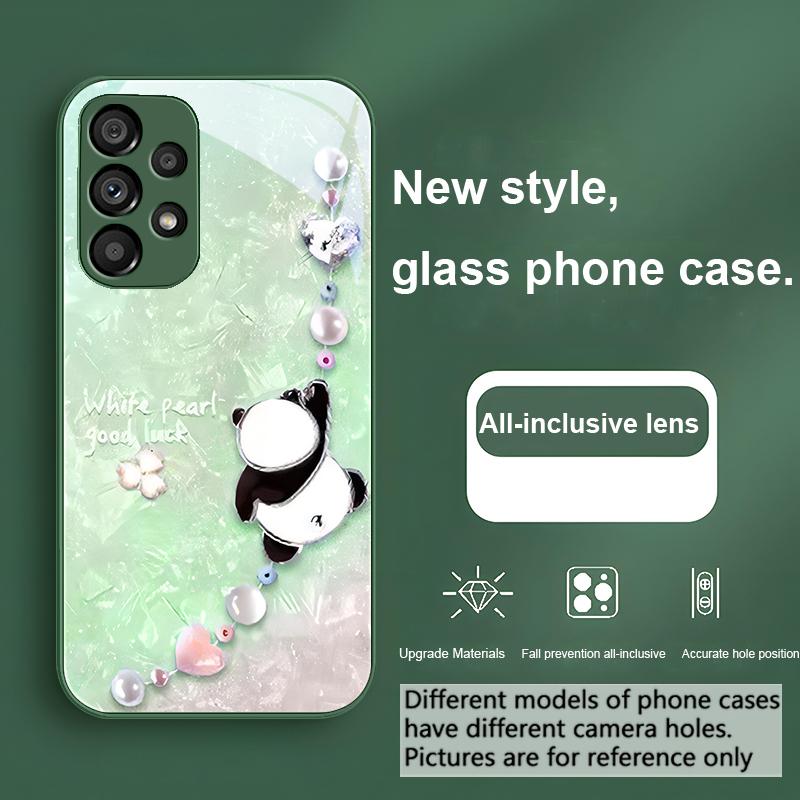 Beaded Panda Silver For Samsung Galaxy S23 U Ltra 24 Plus S20 21 FE S25 Ultra A70 A72 73 51 52 53 Tempered Glass Phone Case