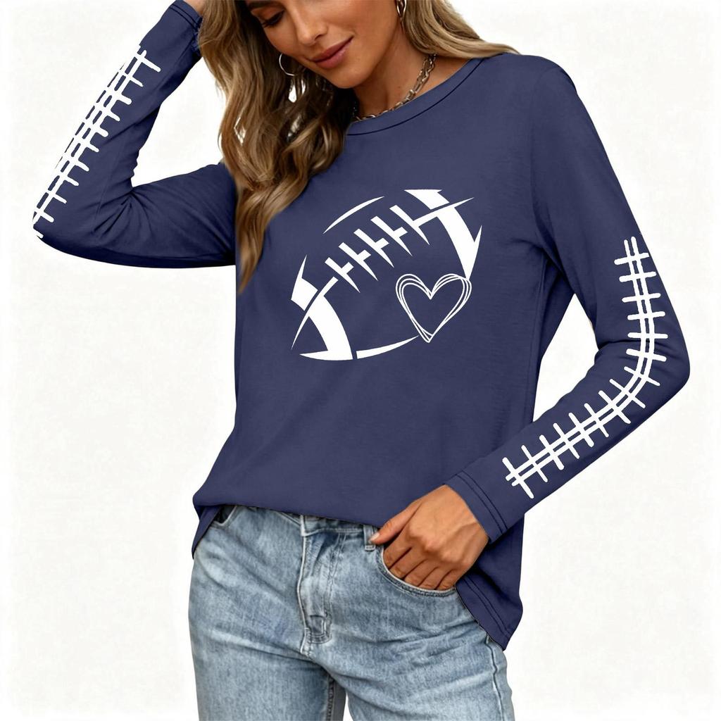 Women's Fashion Long Sleeve Neck Rugby Print Top with Side Split Hem