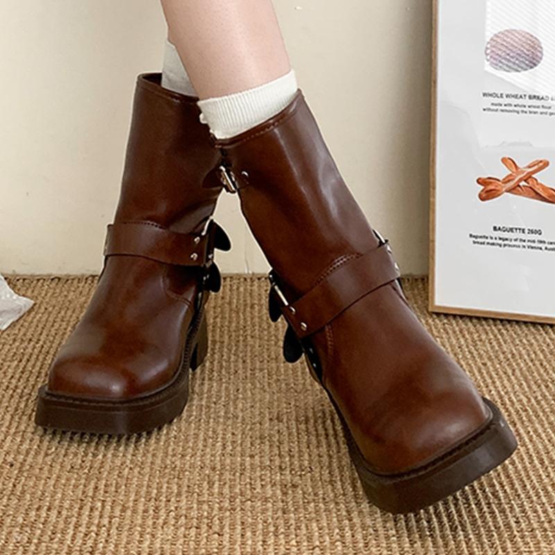 Fashion Winter Platform Synthetic Leather Boots Women Shoes Fashion Slip On Mid Heel Botas Ladies Retro Mordern Booties