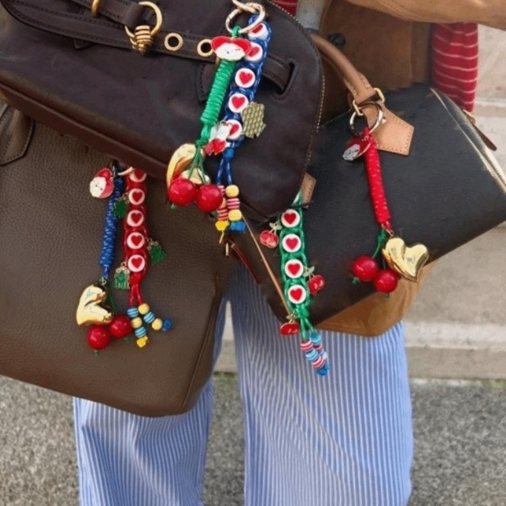 Cute Bag Accessories Pendant Korean Style Colorful Rope Keychain Love Cherry Pendant  Backpack Deco