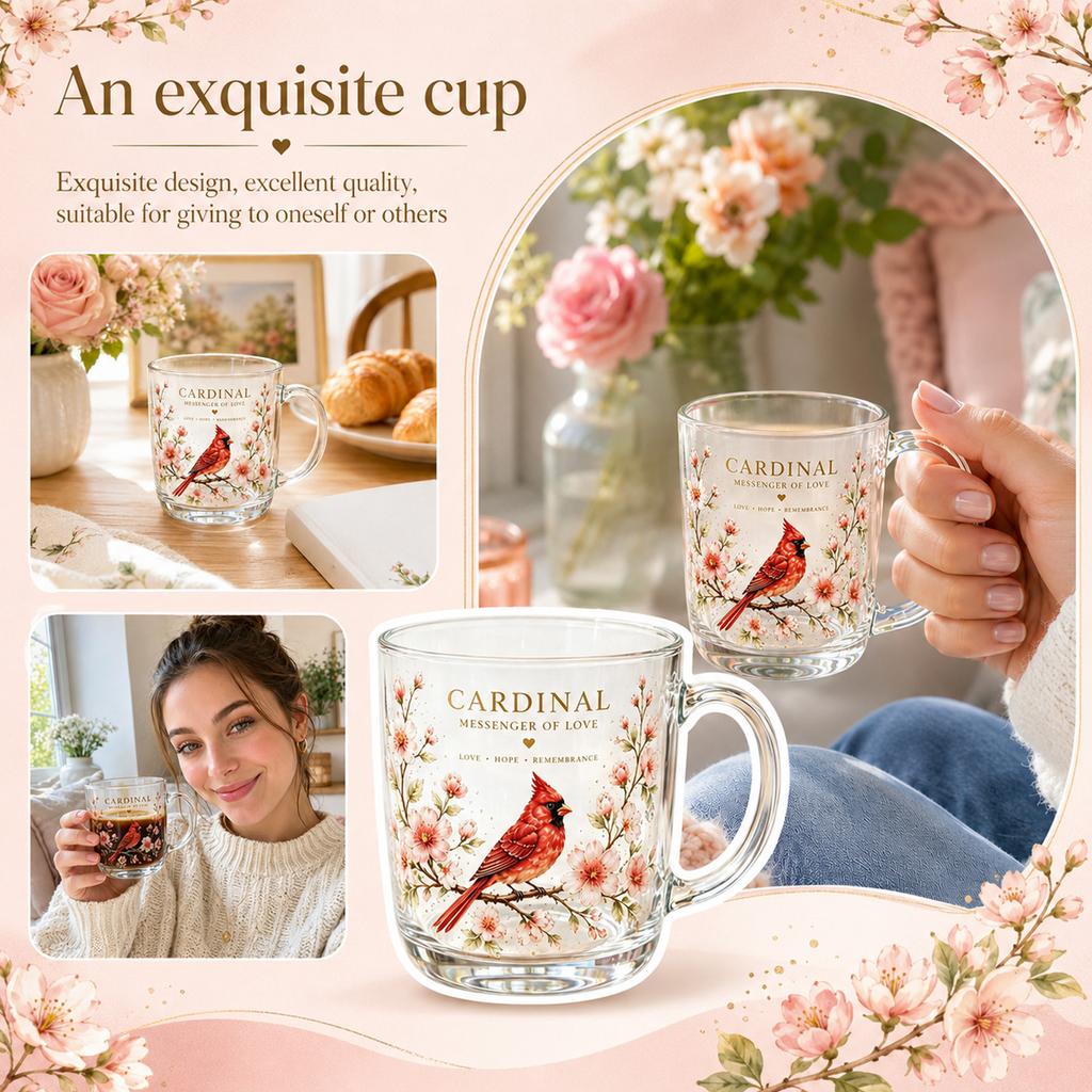 Glass Mug with Cardinal Bird Floral Design Clear Glass Coffee Cup for Hot and Cold Beverages Durable Handle and Printed Illustration