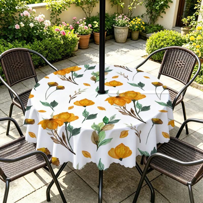 Outdoor Round Tablecloth With Umbrella Hole Waterproof Oil Resistant Floral Leaf Patio Garden Deck