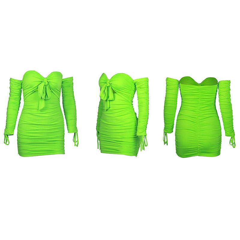 Frau Schlank Atmungsaktive Hüfte Rock Mode Nähen Einfarbig Verband Langarm Falten Kleid