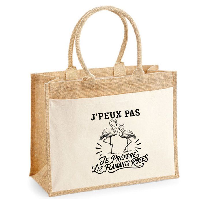 Sac cabas - PLANETEE - J'peux pas minimaliste - Flamants roses - Jute & coton - 21 L, fond plat