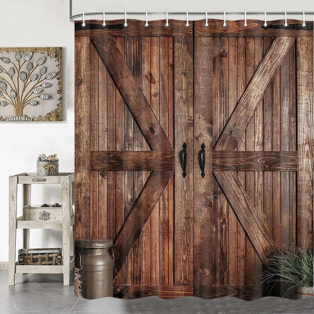Country Barn Door Shower Curtain Farm Vintage Pattern Theme for Bathroom Bathtub Decoration Accessories Shower Curtain with Hook
