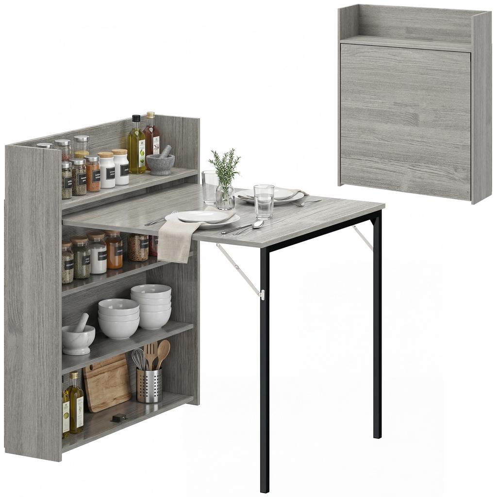 Kitchen Table, Folding Dining Table, with 4-Tier Shelves, Modern Drop-Leaf Table, Grey Wood Effect