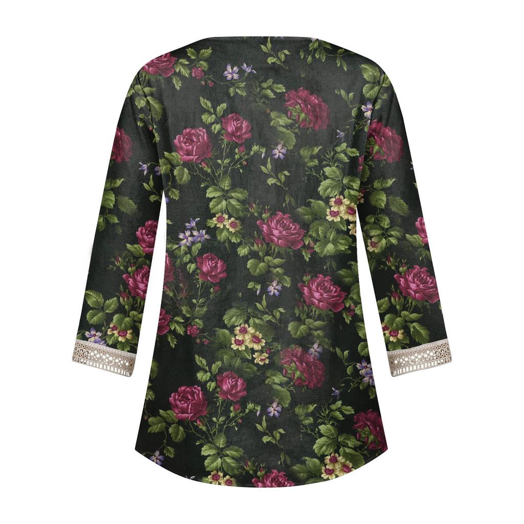 Women's Blouse Casual Loose 3/4 Sleeve Lace Trims Print V Neck Print Tops T-shirts