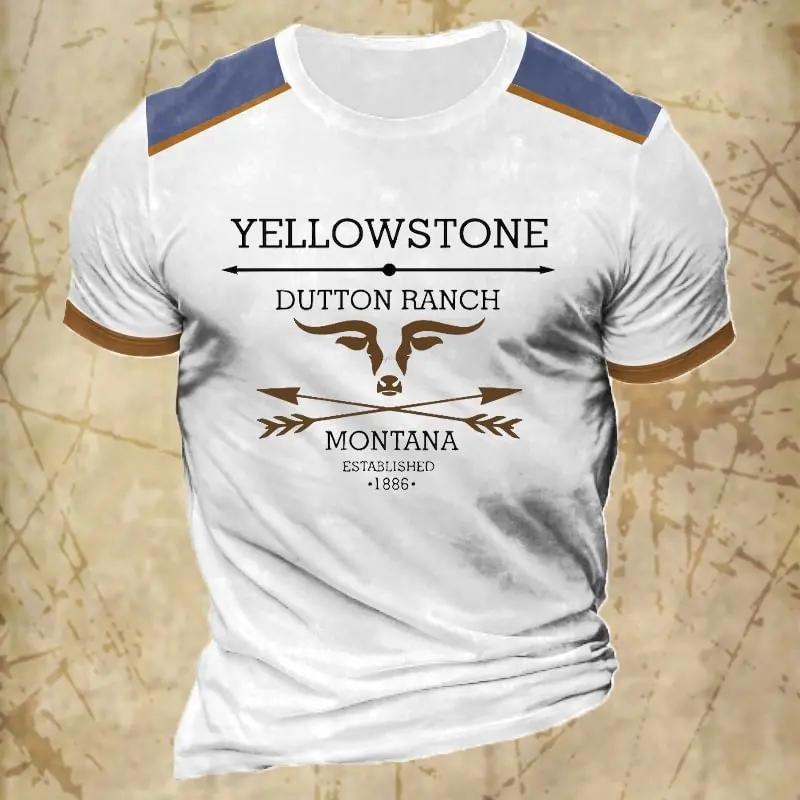 ETST 005 Nieuwe Vintage Stijl T-shirt Voor Heren Yellowstone National Park 3D Print Cowboy T-shirt Oversized Korte Mouw Top Casual Streetwear 4XL